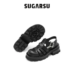 SugarSu Vintage Platform Thick-Soled Roman Sandals Black