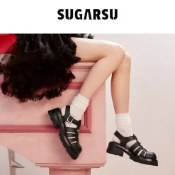 SugarSu Vintage Platform Thick-Soled Roman Sandals Black