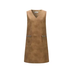 Three Quarter Hand Beaded V-Neck Sleeveless Leather Dress