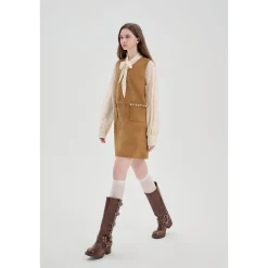 Three Quarter Hand Beaded V-Neck Sleeveless Leather Dress