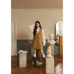 Three Quarter Hand Beaded V-Neck Sleeveless Leather Dress