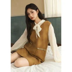 Three Quarter Hand Beaded V-Neck Sleeveless Leather Dress