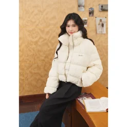 Three Quarters Checkered Lapel Short Down Jacket White