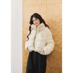 Three Quarters Checkered Lapel Short Down Jacket White