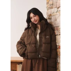 Three Quarters Checkered Lapel Short Down Jacket Brown