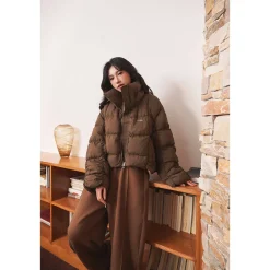 Three Quarters Checkered Lapel Short Down Jacket Brown