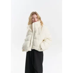Three Quarters Checkered Lapel Short Down Jacket White