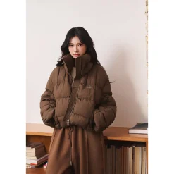 Three Quarters Checkered Lapel Short Down Jacket Brown
