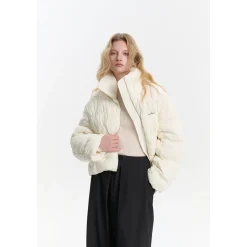 Three Quarters Checkered Lapel Short Down Jacket White