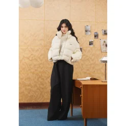 Three Quarters Checkered Lapel Short Down Jacket White