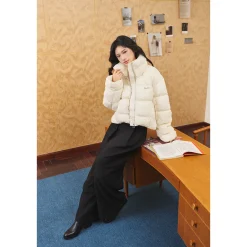 Three Quarters Checkered Lapel Short Down Jacket White