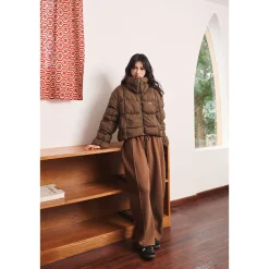 Three Quarters Checkered Lapel Short Down Jacket Brown