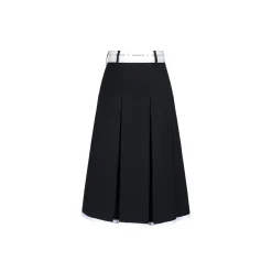 Three Quarters Color Blocked Waist Logo Long Pleated Skirt Black