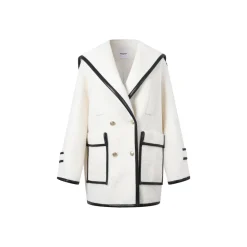 Three Quarters Color Blocked Lapel Woolen Coat White