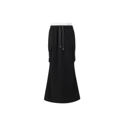 Three Quarters Color Blocked Cargo Flare Long Skirt Black