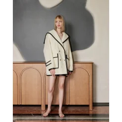 Three Quarters Color Blocked Lapel Woolen Coat White