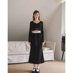 Three Quarters Color Blocked Cargo Flare Long Skirt Black