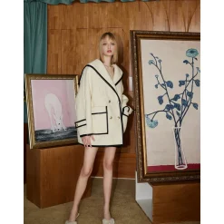 Three Quarters Color Blocked Lapel Woolen Coat White