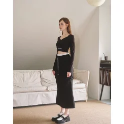 Three Quarters Color Blocked Cargo Flare Long Skirt Black