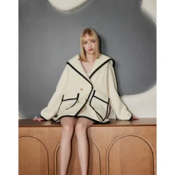 Three Quarters Color Blocked Lapel Woolen Coat White