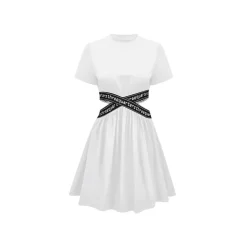 Three Quarters Cross Stretch Logo Belt Dress White