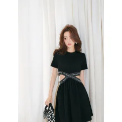 Three Quarters Cross Stretch Logo Belt Dress Black