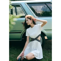 Three Quarters Cross Stretch Logo Belt Dress White