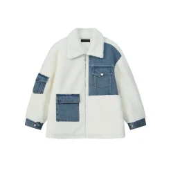 Three Quarters Denim Patchwork Wool Coat Blue