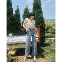 Three Quarters Diamond Checkered Denim Pants