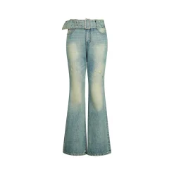 Three Quarters Distressed Washed Belt Flare Jeans Blue