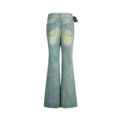 Three Quarters Distressed Washed Belt Flare Jeans Blue