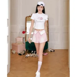Three Quarters Flip Waist Logo Washed Denim Shorts Pink
