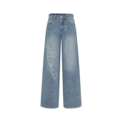 Three Quarters Hotfix Logo Loose Wide-Leg Jeans Blue