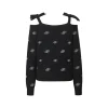 Three Quarters Jacquard Logo Strap Off-Shoulder Top Black