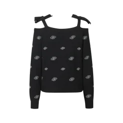 Three Quarters Jacquard Logo Strap Off-Shoulder Top Black