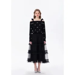 Three Quarters Jacquard Logo Strap Off-Shoulder Top Black