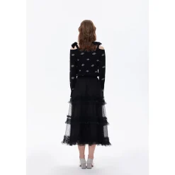Three Quarters Jacquard Logo Strap Off-Shoulder Top Black