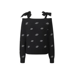 Three Quarters Jacquard Logo Strap Off-Shoulder Top Black
