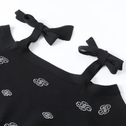 Three Quarters Jacquard Logo Strap Off-Shoulder Top Black