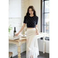 Three Quarters Lace Patchwork Irregular Long Skirt White