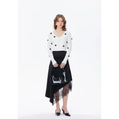 Three Quarters Lace Patchwork Irregular Long Skirt Black
