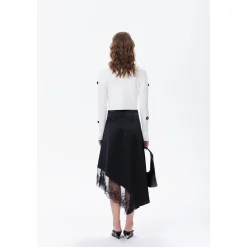 Three Quarters Lace Patchwork Irregular Long Skirt Black