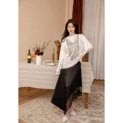 Three Quarters Lace Patchwork Irregular Long Skirt Black