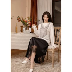 Three Quarters Lace Patchwork Irregular Long Skirt Black