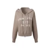 Three Quarters Letter Embroidery Hooded Jacket Brown