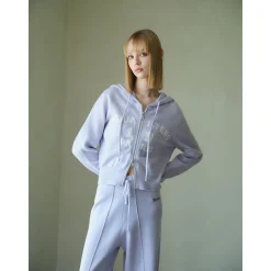 Three Quarters Letter Embroidery Hooded Jacket Purple
