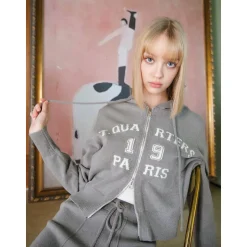 Three Quarters Letter Embroidery Hooded Jacket Grey