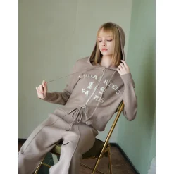 Three Quarters Letter Embroidery Hooded Jacket Brown