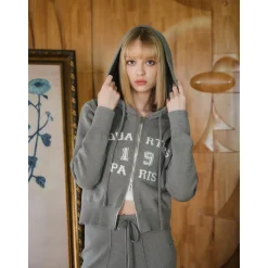 Three Quarters Letter Embroidery Hooded Jacket Grey