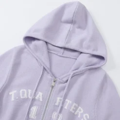 Three Quarters Letter Embroidery Hooded Jacket Purple